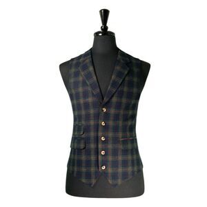 Mens 42R Wool Vest Navy Green Red Tartan Plaid Waistcoat Formal Wedding Party